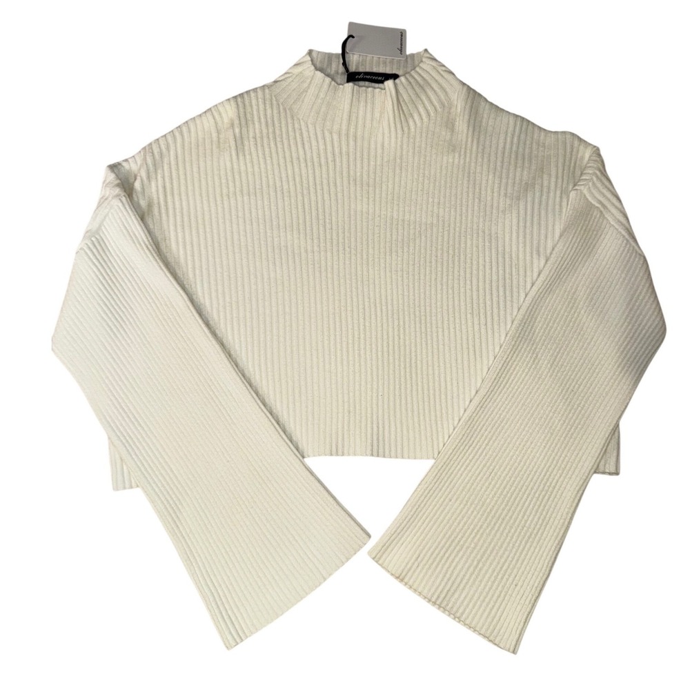 Olivaceous Ivory Ribbed Bell Sleeve Cropped Sweater Cashmere Blend Large NEW